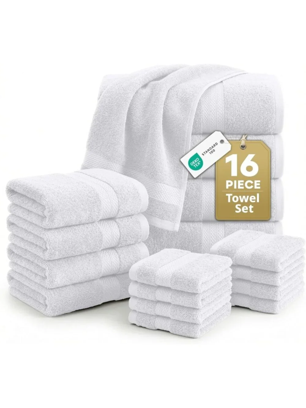 Soft Absorbent 100% Cotton Bath Towel Set - 16 Piece Linen Collection, White